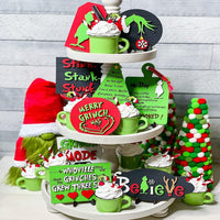 9Pcs Wooden Christmas Tiered Tray Decor Green Farmhouse Standing Signs Decorations Grinch Table Signs