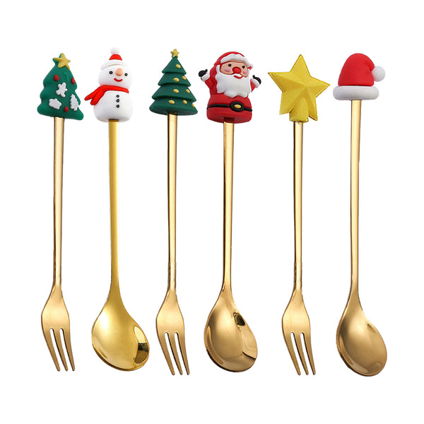 6Pcs Christmas Cutlery Cake Dessert Coffee Stainless Steel Spoon Fruit Fork Tableware Style 3