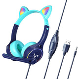 Headworn Headphone for Children Gaming Cat Ear Adjustable Headphones LED Lights Wired Headset Dark Blue