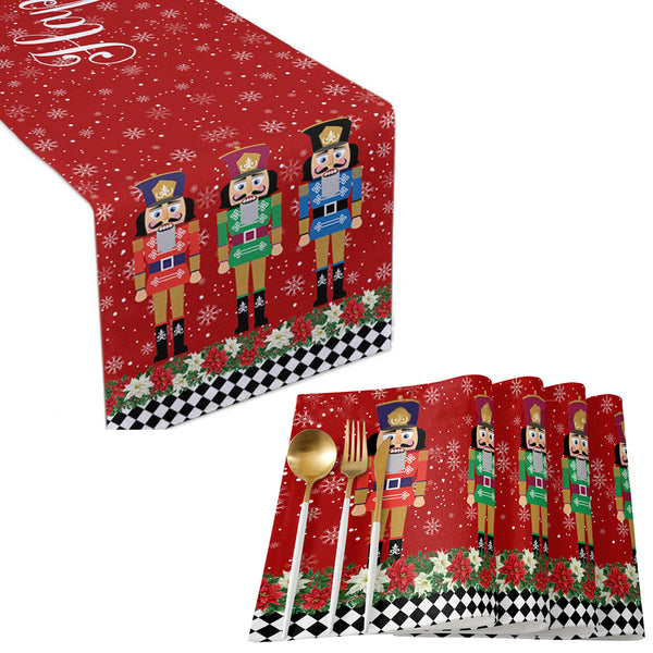 5Pcs Set Nutcrackers Merry Christmas Placemats Table Runner Set Xmas Party Decor Style 1