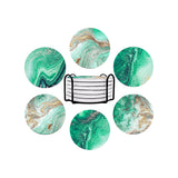 6Pcs Marble Textured Round Coasters for Drinks Absorbent Ceramic Coffee Coaster with Cork Base and Metal Holder Set Green