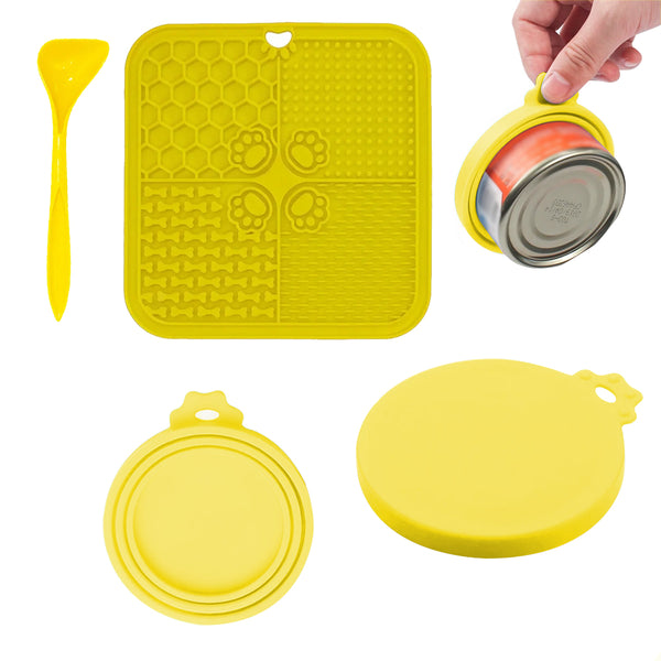 3Pcs Dog Feeding Set Silicone Pet Slow Feeder Lick Mat with Can Lids and Spoon Yellow