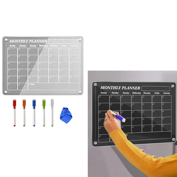 Acrylic Magnetic Calendar for Fridge Clear Dry Erase Board Planner with 5 Colorful Markers Monthly Style