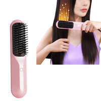 Cordless Hair Straightener Brush Portable Negative Ion Heating Hair Straightening Comb on-The-go Pink