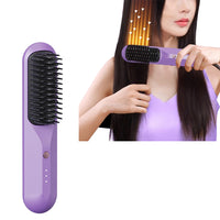 Cordless Hair Straightener Brush Portable Negative Ion Heating Hair Straightening Comb on-The-go Purple