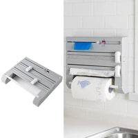 6-in-1 Wall Mounted Paper Towel Holder with Cutter Cling Film Foil Dispenser with Storage Rack Grey