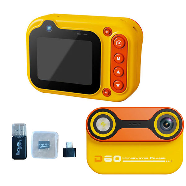 Dual-Lens Kids Underwater 10X Zoom Digital Camera Waterproof Action Camera with 32GB TF Card Yellow