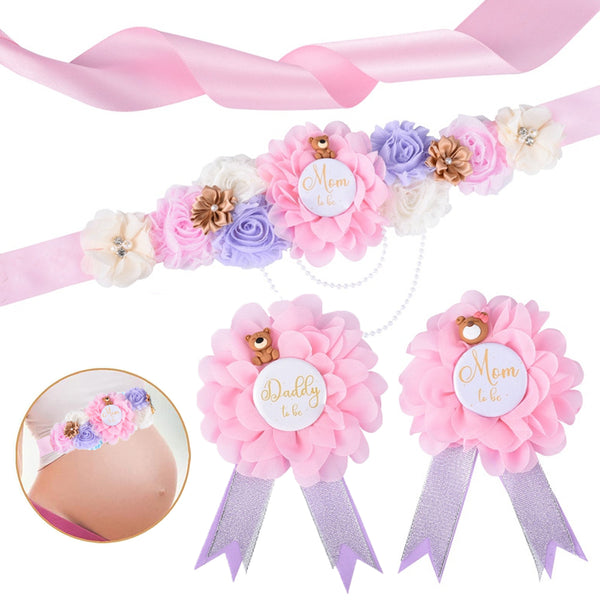 Maternity Sash and Corsage Set to Mom to Be Daddy to Be Baby Shower Decorations Pregnancy Photo Props Pink