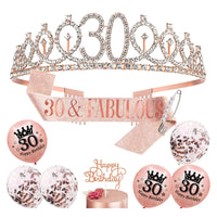 10 PCs Birthday Decoration Set Birthday Gift Tiara Crown and Sash for Girls Women-30th Birthday Decoration Set