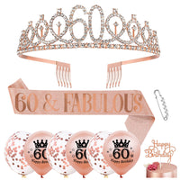 10 PCs Birthday Decoration Set Birthday Gift Tiara Crown and Sash for Girls Women-60th Birthday Decoration Set