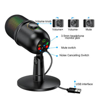 USB Gaming Microphone with RGB Lights Plug and Play Mic for Recording Live Streaming