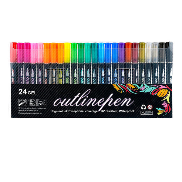 24 Color Multicolored Double Line Outline Marker Pen Set Painting Art