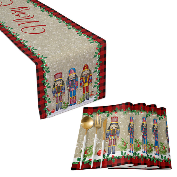 5Pcs Set Nutcrackers Merry Christmas Placemats Table Runner Set Xmas Party Decor Style 2