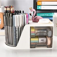 Rotating Desk Organizer with 2 Drawer Pen Holder Office Home Art Supplies