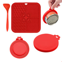 3Pcs Dog Feeding Set Silicone Pet Slow Feeder Lick Mat with Can Lids and Spoon Red