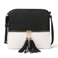 Girls Crossbody Bag Shoulder Bag with Tassel and Zipper Pocket Black and White