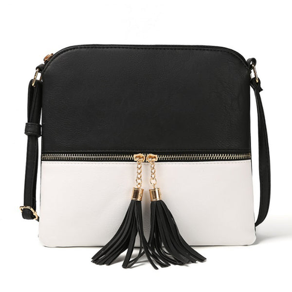 Girls Crossbody Bag Shoulder Bag with Tassel and Zipper Pocket Black and White