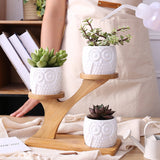 3Pcs Succulent Pots with 3 Tier Bamboo Saucers Stand Holder Ceramic Plant Pot Flower Pot Home Decoration Style 1