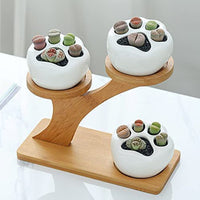 3Pcs Succulent Pots with 3 Tier Bamboo Saucers Stand Holder Ceramic Plant Pot Flower Pot Home Decoration Style 2