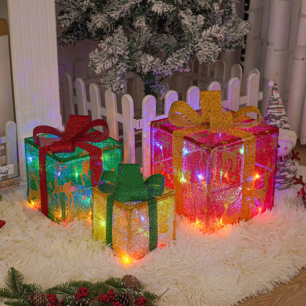 3Pcs Christmas Lighted Gift Boxes Pre-Lit Xmas Present Boxes LED Lights Decor Elk Style