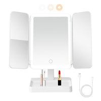 Rechargeable Tri-Fold Standing Makeup Mirror Touch Screen Vanity Mirror with 2X 3X Magnification and LED Lights