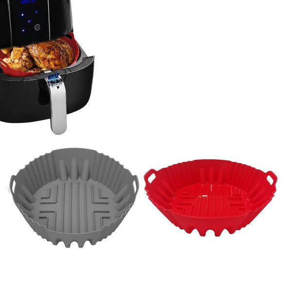 2Pcs Silicone Air Fryer Pot with Handle Reusable Nonstick Air Fryer Liner Baking Tray Basket Red and Gray