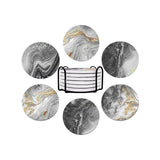 6Pcs Marble Textured Round Coasters for Drinks Absorbent Ceramic Coffee Coaster with Cork Base and Metal Holder Set Grey