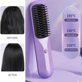 Cordless Hair Straightener Brush Portable Negative Ion Heating Hair Straightening Comb on-The-go Purple