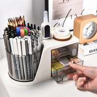 Rotating Desk Organizer with 2 Drawer Pen Holder Office Home Art Supplies