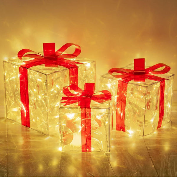 3Pcs Set Christmas Light Up Box Decorations Lighted Xmas Present Box Ornaments Holiday Decor