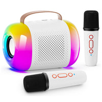 Mini Karaoke Machine with 2 Wireless Microphones Portable Bluetooth Speaker Colorful Lights White