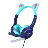 Headworn Headphone for Children Gaming Cat Ear Adjustable Headphones LED Lights Wired Headset Dark Blue