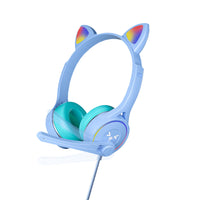 Headworn Headphone for Children Gaming Cat Ear Adjustable Headphones LED Lights Wired Headset Blue