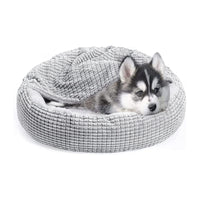 Pet Bed with Attached Blanket Hooded Pet Calming Bed Cushioned Pet Cave Bed Grey