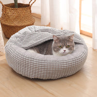 Pet Bed with Attached Blanket Hooded Pet Calming Bed Cushioned Pet Cave Bed Grey