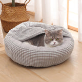 Pet Bed with Attached Blanket Hooded Pet Calming Bed Cushioned Pet Cave Bed Grey