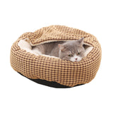 Pet Bed with Attached Blanket Hooded Pet Calming Bed Cushioned Pet Cave Bed Light Brown