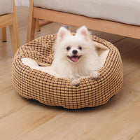 Pet Bed with Attached Blanket Hooded Pet Calming Bed Cushioned Pet Cave Bed Light Brown