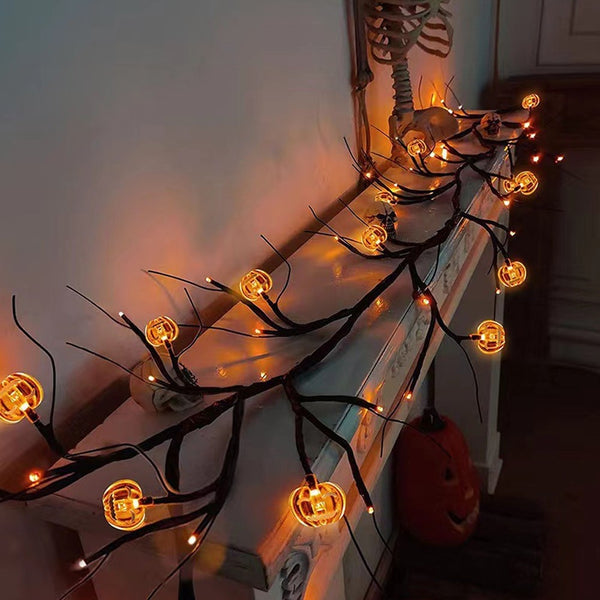 Halloween Pumpkin Willow Vine Twig Decoration Lights Spider Bats Branches Lights