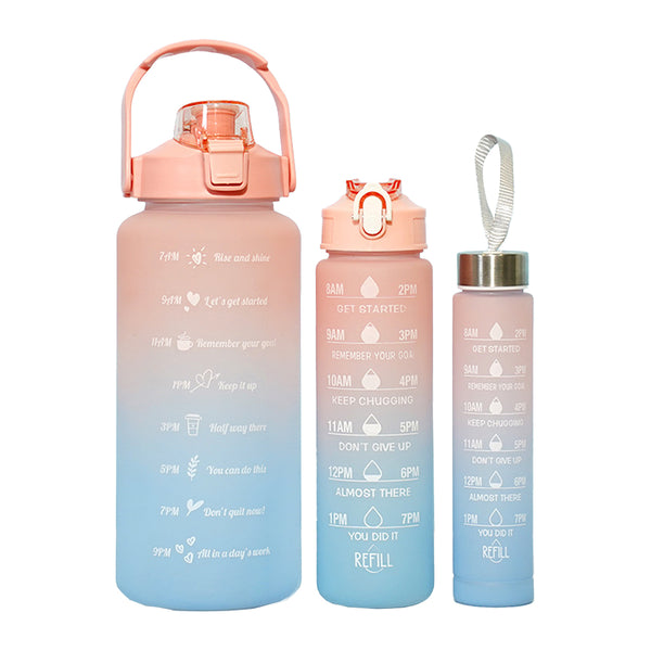 3-Piece Set Gradual-Color Motivational Water Bottles Set Sports Drinking Bottle with Time Markings Pink