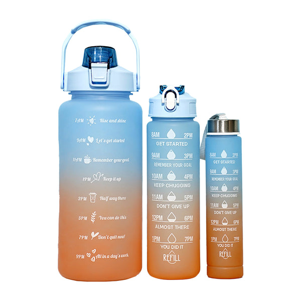 3-Piece Set Gradual-Color Motivational Water Bottles Set Sports Drinking Bottle with Time Markings Orange