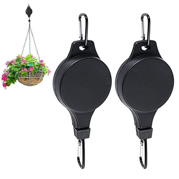 2Pcs Retractable Pulley Hanging Basket Pull Down Garden Plant Flower Hanger Hook Black