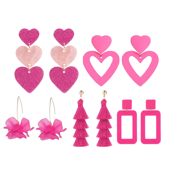 5 Pairs of Barbie Inspired Earrings Hot Pink Dangling Drop Statement Earrings for Women