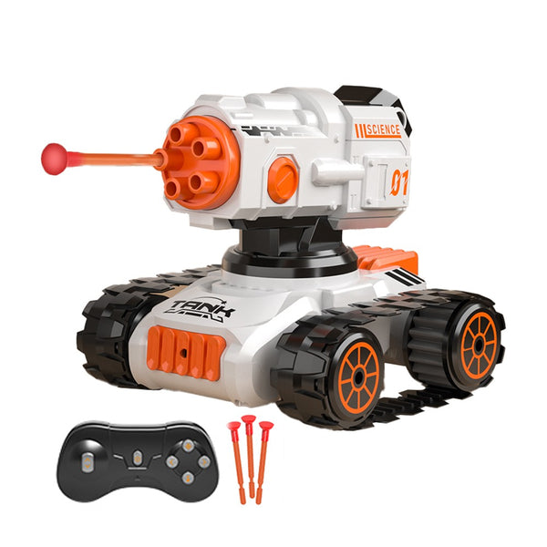 4WD Tank Toy Off-Roader Remote Control Car with 360 Degree Rotating Soft Bullets Shooting Cannon White