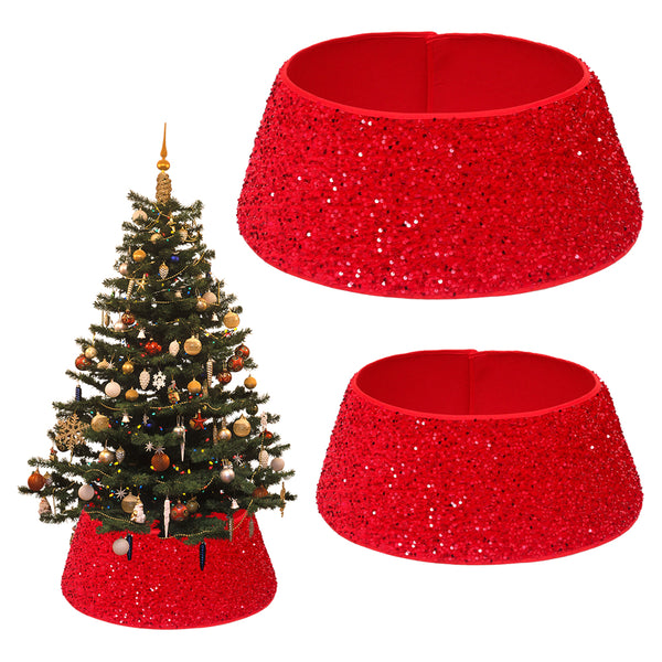 Christmas Tree Collar Glitter Xmas Tree Ring Round Sparkle Christmas Tree Base Tree Skirt Red