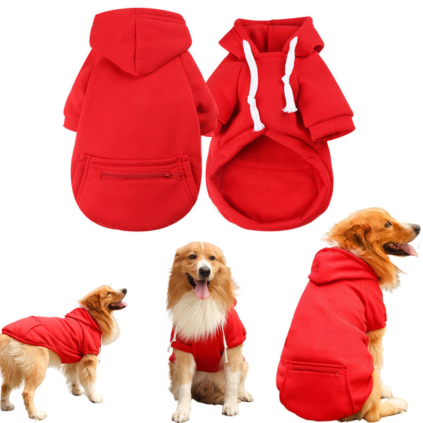 Winter Dog Hoodie Sweatshirts with Pockets Warm Dog Jumper Puppy Clothing Coat Shirt Red