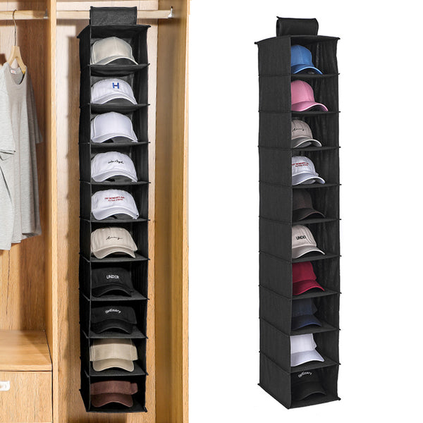 10-Pocket Hanging Hat Rack  Closet Cap Organizer for Baseball Shoes Black