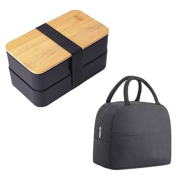 2-Layer Bento Box with Movable Compartments Stackable Lunch Box with Insulated Bag Black