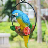 Hanging Parrot Statue Sculpture on Round Ring Decor for Patio Garden Lawn Blue