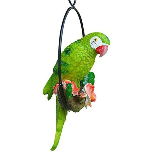 Hanging Parrot Statue Sculpture on Round Ring Decor for Patio Garden Lawn Green